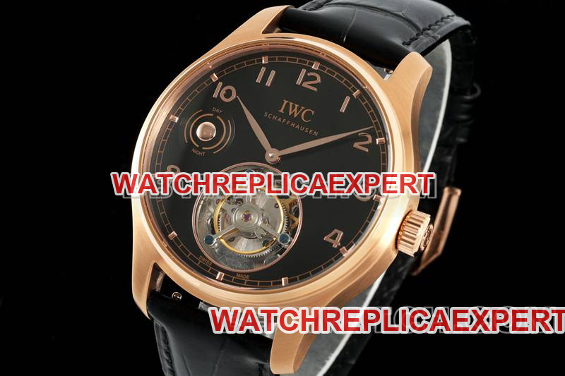 IWC1:1replica watch RMS factory Portugal black dialrose goldtourbillon mechanical leather strap model front live photo