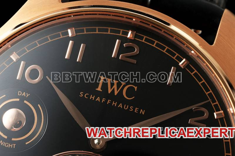 IWC1:1replica watch RMS factory Portugal black dialrose goldtourbillon mechanical leather strap model front live photo