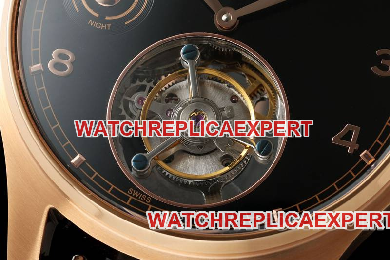 IWC1:1replica watch RMS factory Portugal black dialrose goldtourbillon mechanical leather strap model front live photo