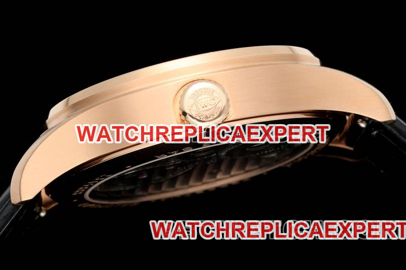 IWC1:1replica watch RMS factory Portugal black dialrose goldtourbillon mechanical leather strap model side live photo