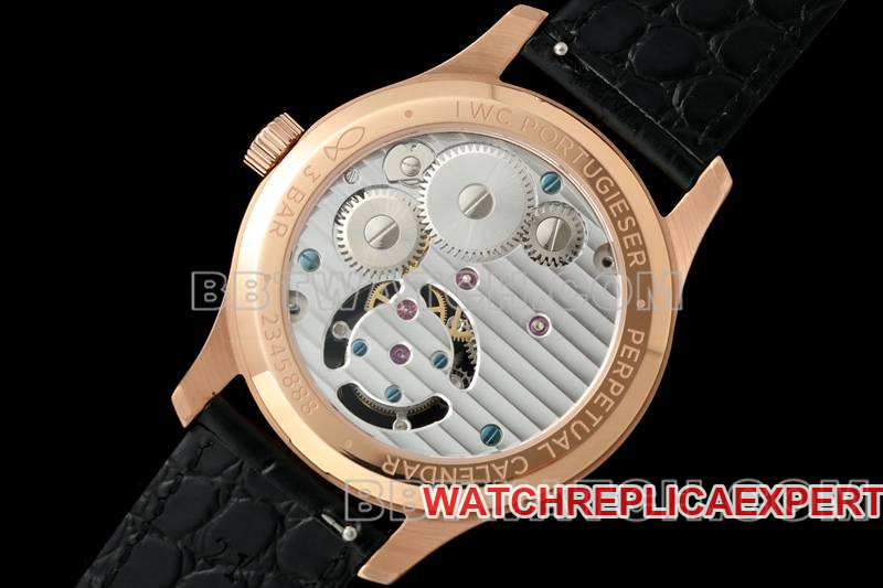 IWC1:1replica watch RMS factory Portugal black dialrose goldtourbillon mechanical leather strap caseback live photo