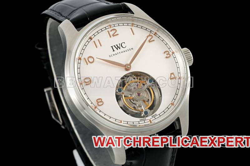 IWC collectible watch RMS factory Portugal white dial gold needle tourbillon mechanical leather strap model front live photo