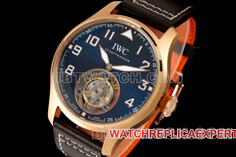 IWCtop-tier watch RMS factory pilot blue dialrose goldtourbillon mechanical leather strap model front live photo