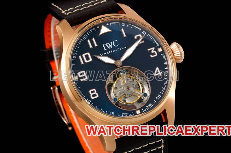 IWCtop-tier watch RMS factory pilot blue dialrose goldtourbillon mechanical leather strap model front live photo