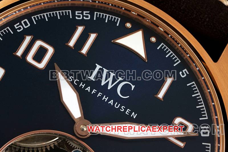 IWCtop-tier watch RMS factory pilot blue dialrose goldtourbillon mechanical leather strap model front live photo