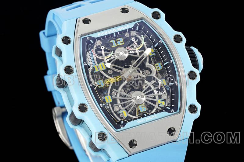 Richard Mille top-tier watch hollow plate tourbillon mechanical blue rubber model RM 21-02front live photo