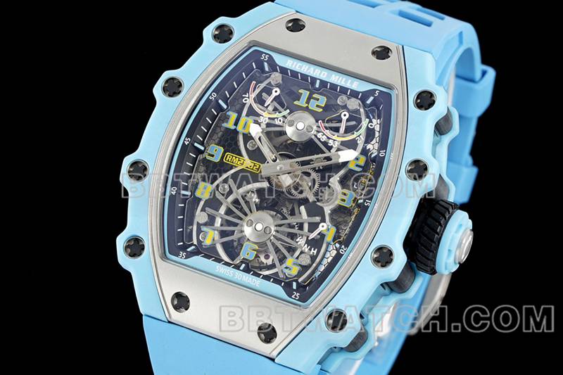 Richard Mille top-tier watch hollow plate tourbillon mechanical blue rubber model RM 21-02front live photo