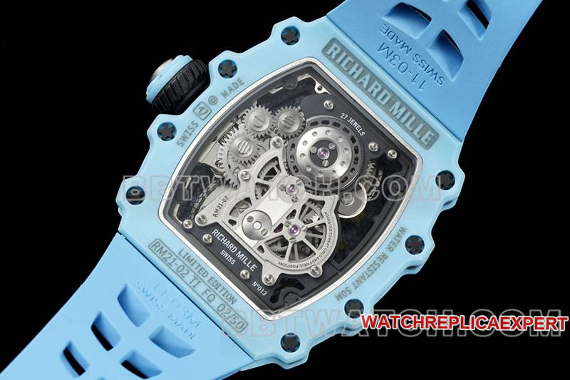Richard Mille top-tier watch hollow dial tourbillon mechanical blue rubber model RM 21-02caseback live photo