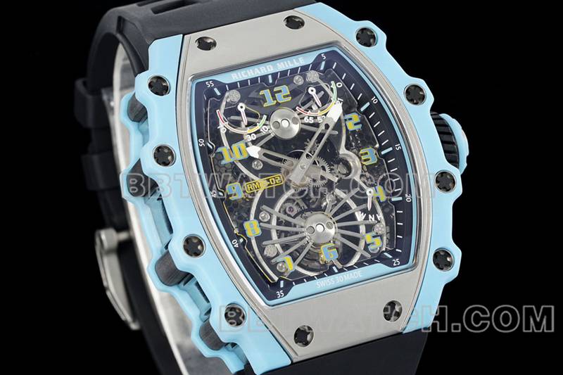 Richard Mille's collectible watch hollow dial tourbillon mechanical black rubber model RM 21-02front live photo