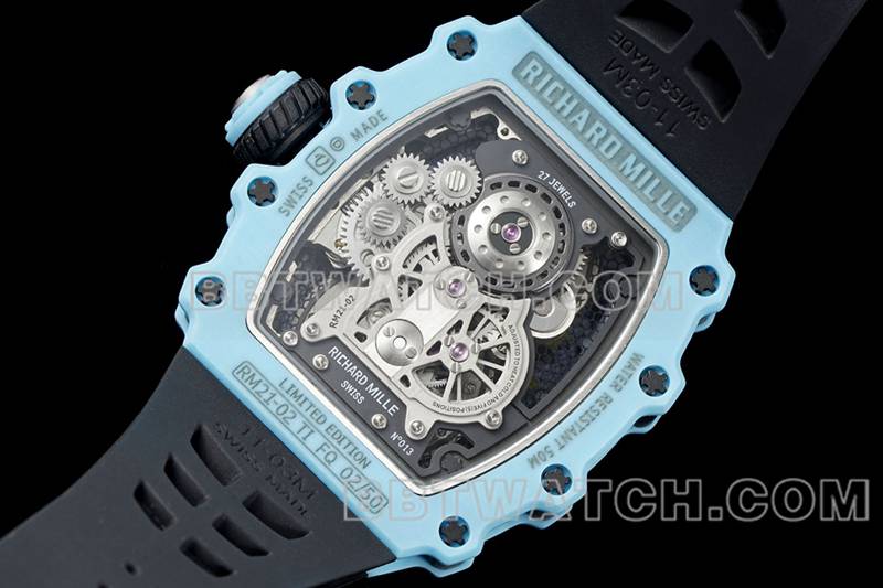 Richard Mille's collectible watch hollow dial tourbillon mechanical black rubber model RM 21-02caseback live photo