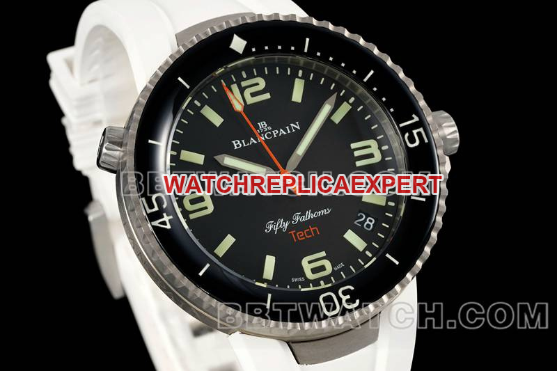 Blancpain collectible watch fifty fathoms black dial titanium mechanical white rubber model front live photo