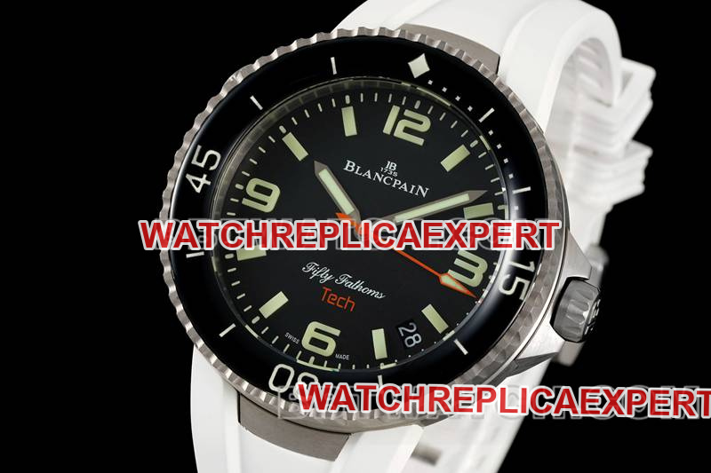Blancpain collectible watch fifty fathoms black dial titanium mechanical white rubber model front live photo