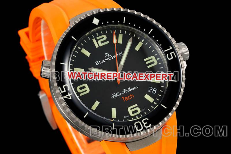 Blancpain collectible watch fifty fathoms black dial titanium mechanical orange rubber model front live photo