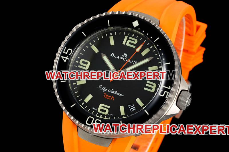Blancpain collectible watch fifty fathoms black dial titanium mechanical orange rubber model front live photo