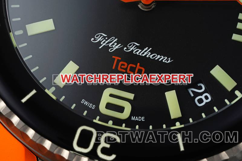 Blancpain collectible watch fifty fathoms black dial titanium mechanical orange rubber model front live photo