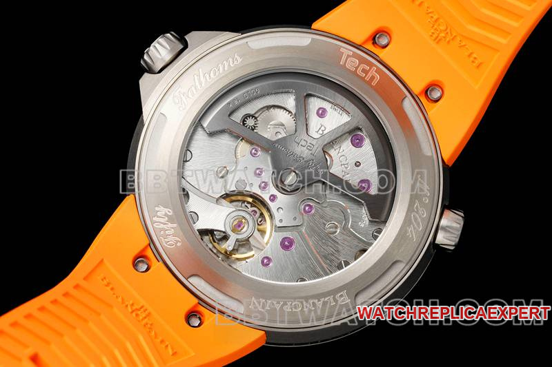 Blancpain collectible watch fifty fathoms black dial titanium mechanical orange rubber model caseback live photo
