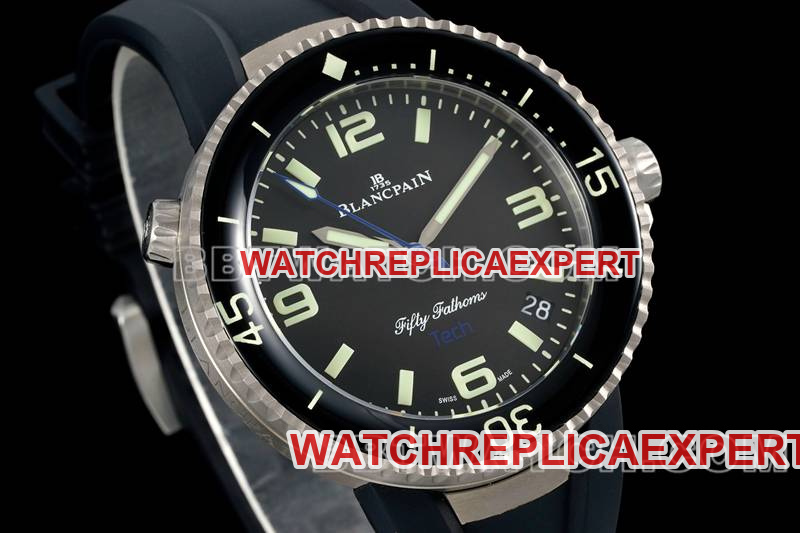 Blancpain watch fifty fathoms black dial blue needle titanium mechanical black rubber front live photo