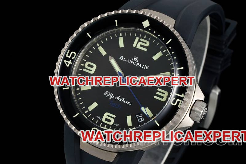 Blancpain watch fifty fathoms black dial blue needle titanium mechanical black rubber front live photo