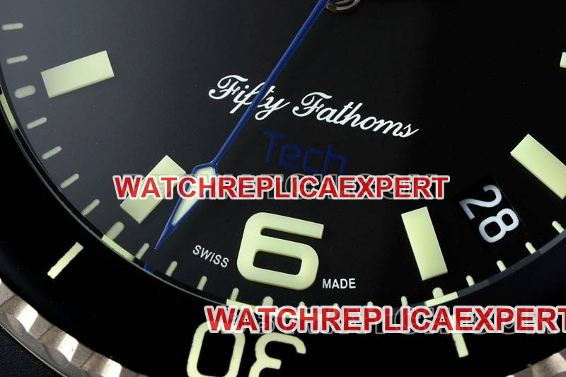 Blancpain watch fifty fathoms black dial blue needle titanium mechanical black rubber front live photo