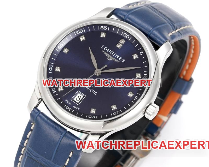 Longines watch XC factory famous craftsman blue dial diamond time mark L888 mechanical movementleather strap model front live photo