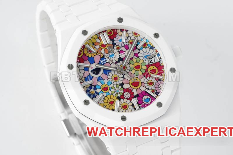 Audemars Piguettop-tier watch APS factory Royal Oak flower pattern dial white ceramicsteel bracelet model 15500front live photo