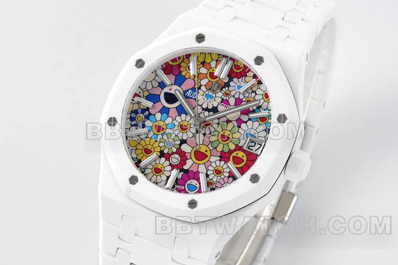 Audemars Piguettop-tier watch APS factory Royal Oak flower pattern dial white ceramicsteel bracelet model 15500front live photo