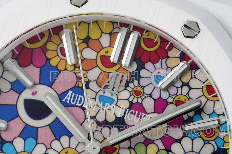 Audemars Piguettop-tier watch APS factory Royal Oak flower pattern dial white ceramicsteel bracelet model 15500front live photo