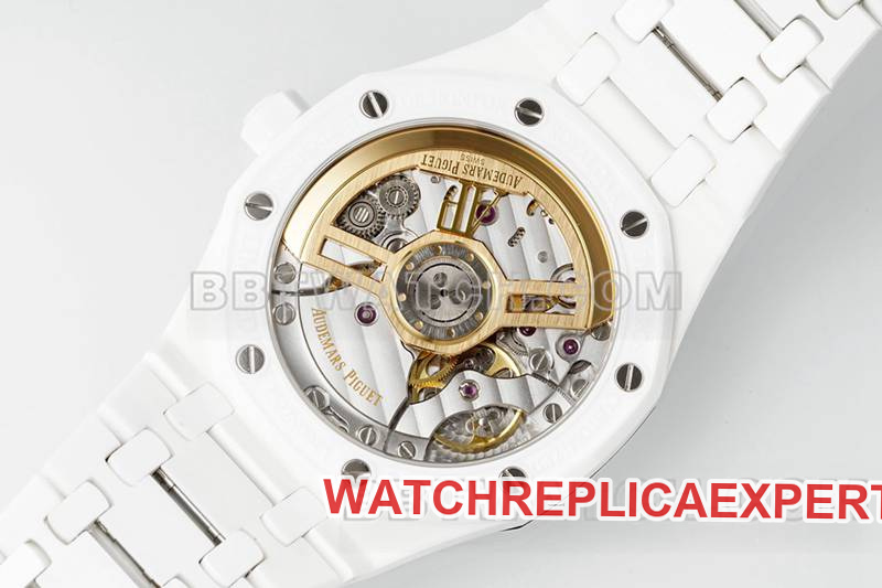 Audemars Piguettop-tier watch APS factory Royal Oak flower pattern dial white ceramicsteel bracelet model 15500caseback live photo