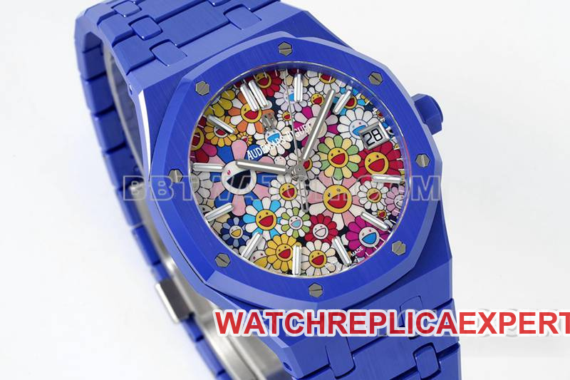 Audemars Piguet collectible watch APS factory Royal Oak flower pattern dial blue ceramicsteel bracelet model 15500front live photo