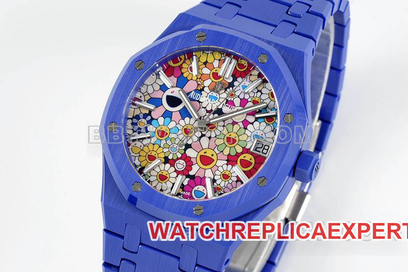 Audemars Piguet collectible watch APS factory Royal Oak flower pattern dial blue ceramicsteel bracelet model 15500front live photo