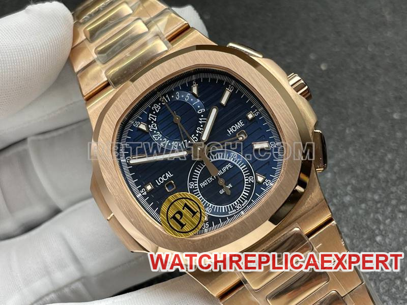 Patek Philippe Watch Sport Elegant Blue Dial Mechanical Rose Gold Steel Strap Model 5990 Front view