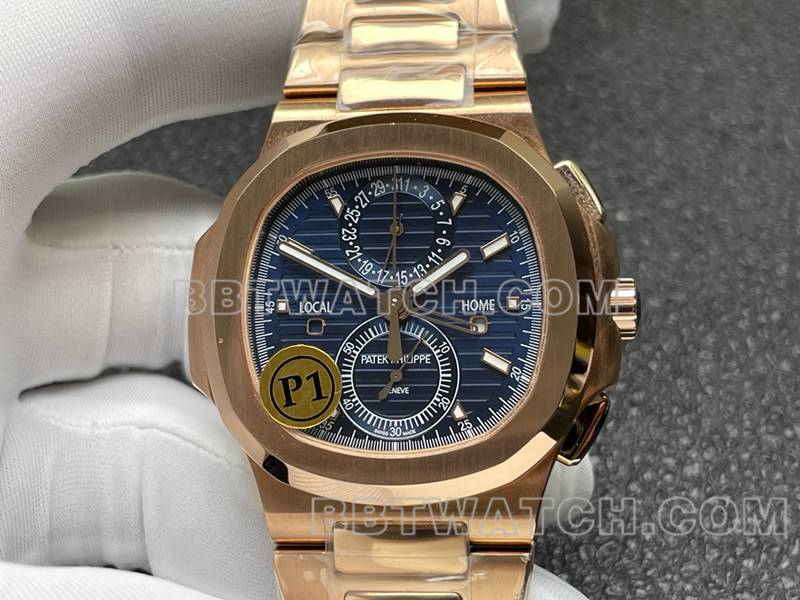 Patek Philippe Watch Sport Elegant Blue Dial Mechanical Rose Gold Steel Strap Model 5990 Front view