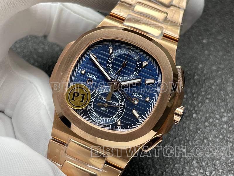 Patek Philippe Watch Sport Elegant Blue Dial Mechanical Rose Gold Steel Strap Model 5990 Front view