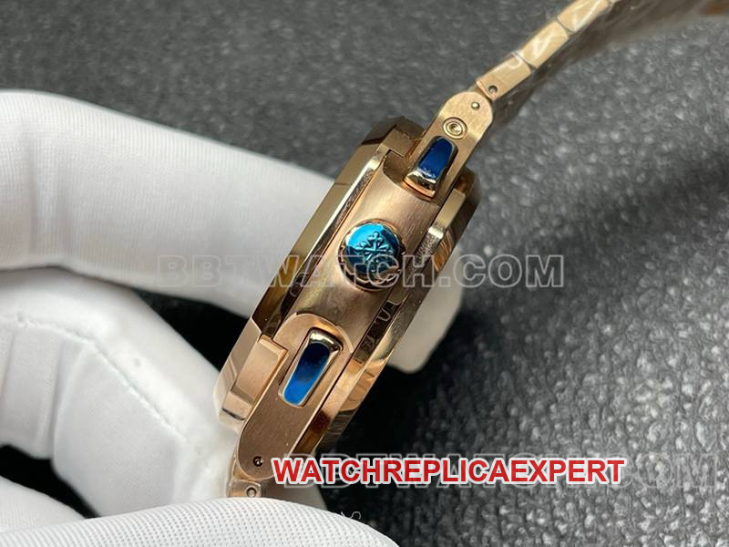 Patek Philippe Watch Sport Elegant Blue Plate Mechanical Rose Gold Steel Strap Model 5990 Side by Side Photos