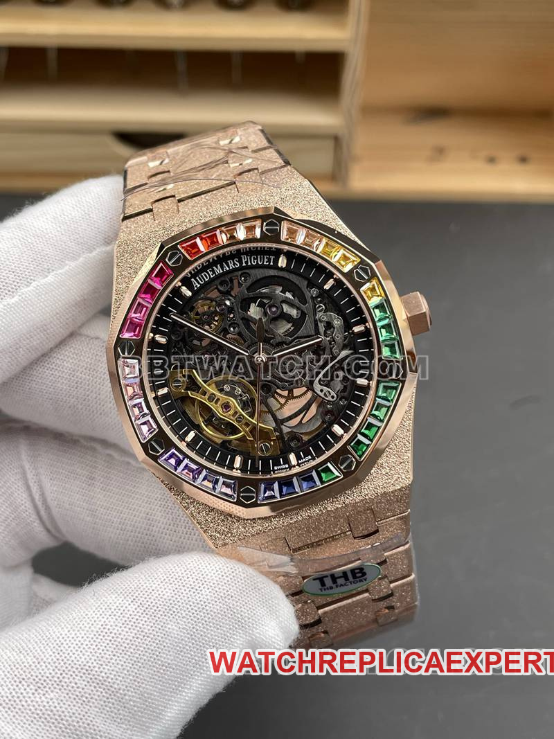 Audemars Piguet watch THB factory Royal Oak rainbow diamond bezel frost gold rose goldsteel bracelet model 15412front live photo
