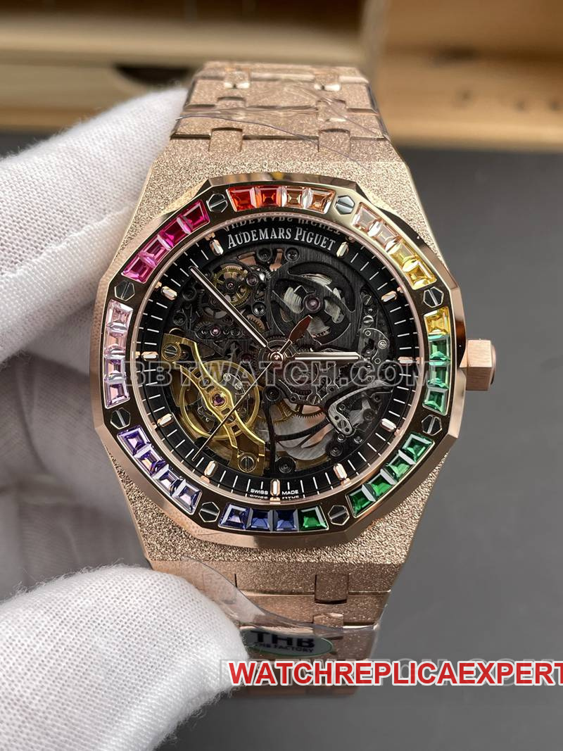 Audemars Piguet watch THB factory Royal Oak rainbow diamond bezel frost gold rose goldsteel bracelet model 15412front live photo