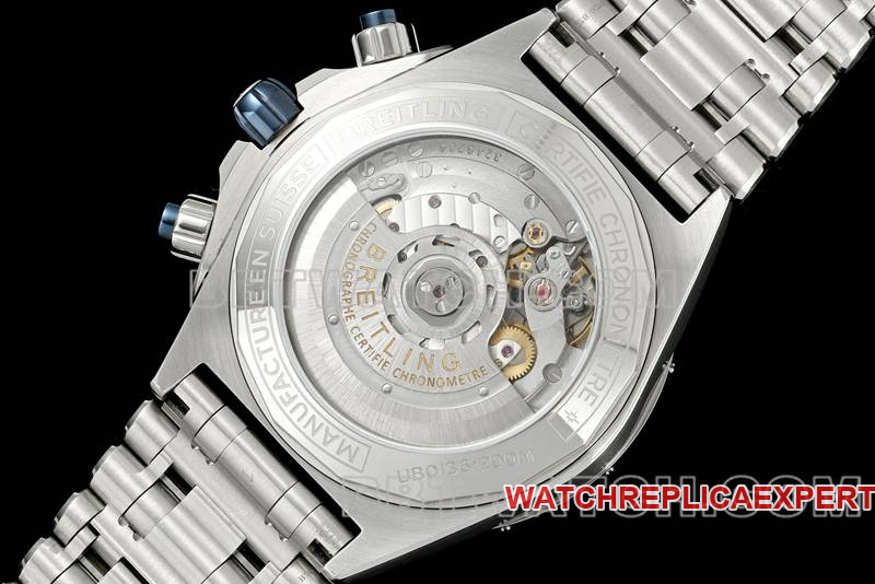 Breitling's collectible watch TF factory mechanical chronograph blue dial 44mm steel bracelet caseback live photo