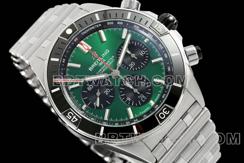 Breitling1:1replica watch TF factory mechanical chronographgreen dial44mmsteel bracelet front live photo