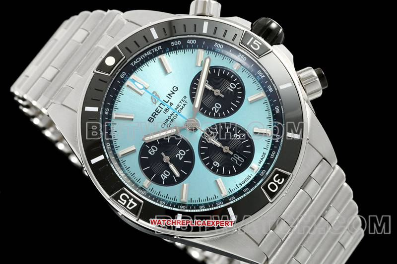 Breitling watch TF factory mechanical chronograph light blue dial 44mm steel bracelet front live photo