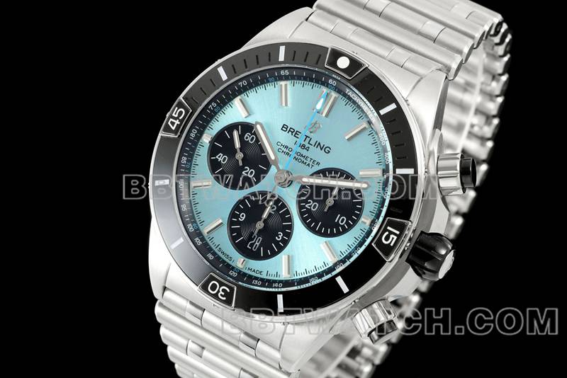 Breitling watch TF factory mechanical chronograph light blue dial 44mm steel bracelet front live photo