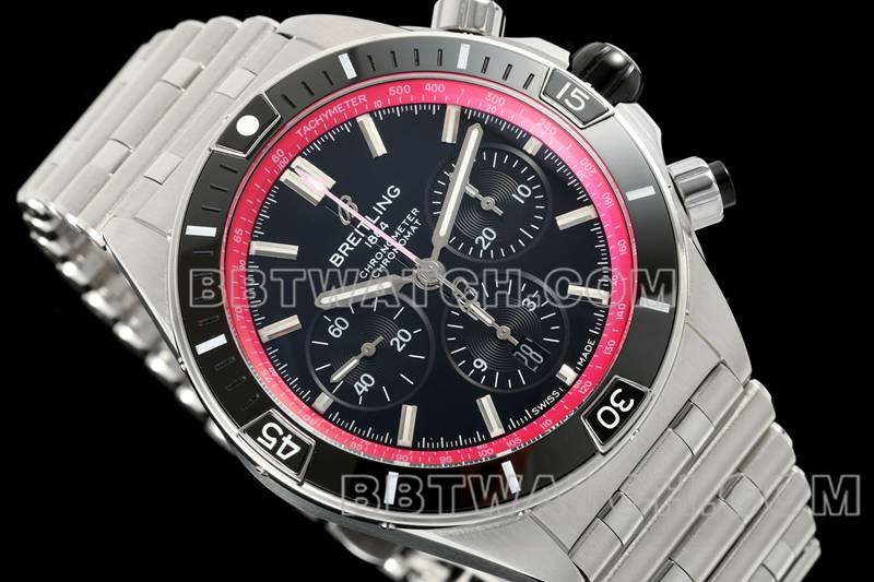 Breitling's collectible watch TF factory mechanical chronograph black and red plate 44mm steel bracelet front live photo