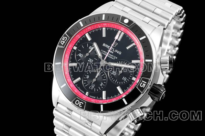 Breitling's collectible watch TF factory mechanical chronograph black and red plate 44mm steel bracelet front live photo