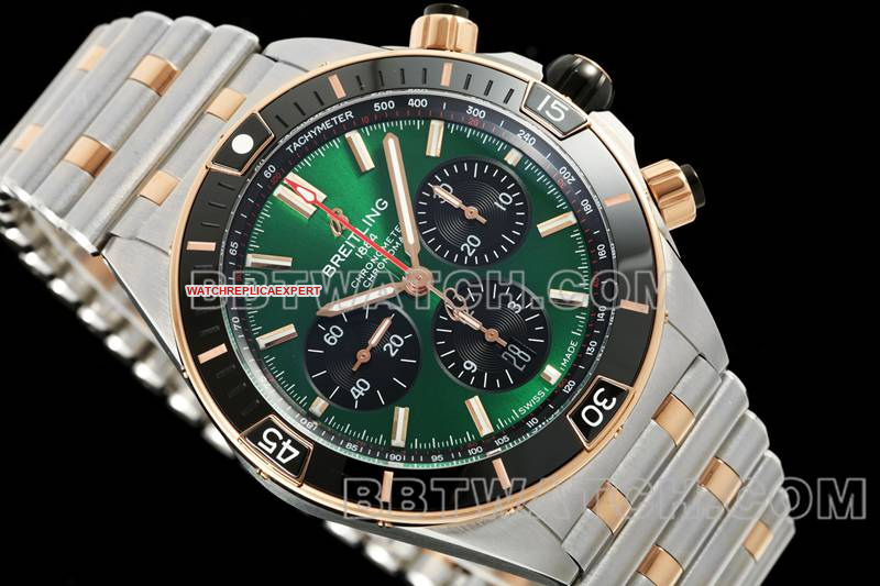 Breitling watch TF factory mechanical chronographgreen dial 44mm gold steel bracelet front live photo