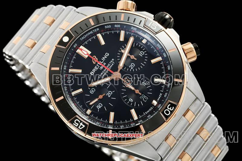 Breitling collectible watch TF factory mechanical chronograph black dial 44mm gold steel bracelet front live photo