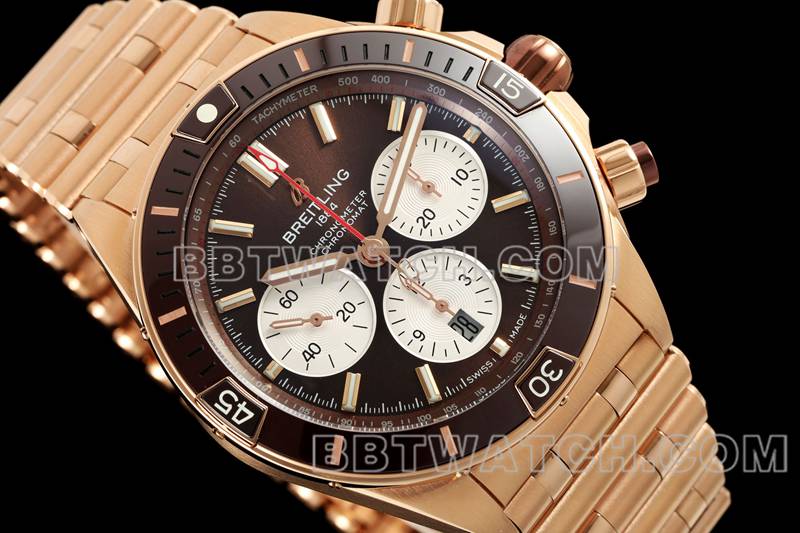 Breitling1:1replica watch TF factory mechanical chronograph brown plate 44mm rose goldsteel bracelet front live photo