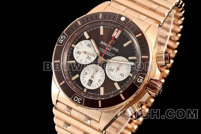 Breitling1:1replica watch TF factory mechanical chronograph brown plate 44mm rose goldsteel bracelet front live photo