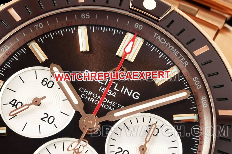 Breitling1:1replica watch TF factory mechanical chronograph brown plate 44mm rose goldsteel bracelet front live photo