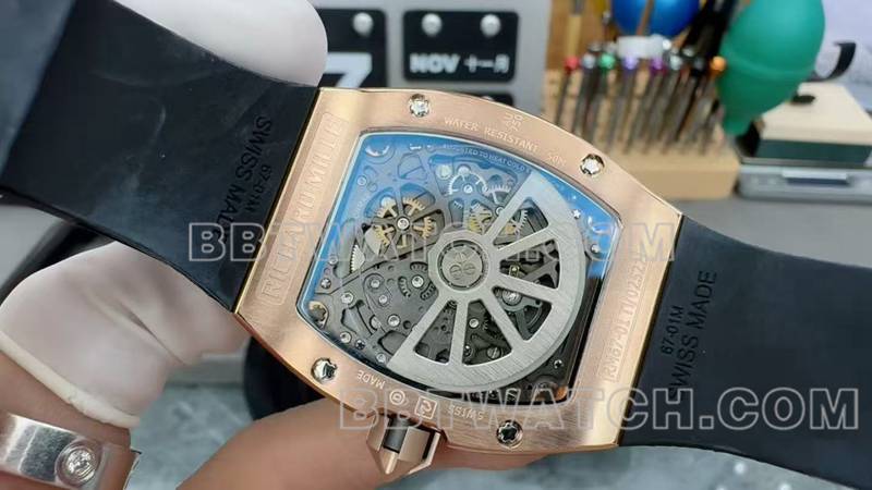 Richard Mille collectible watch rose gold hollow disc mechanical rubber model RM 67-01caseback live photo