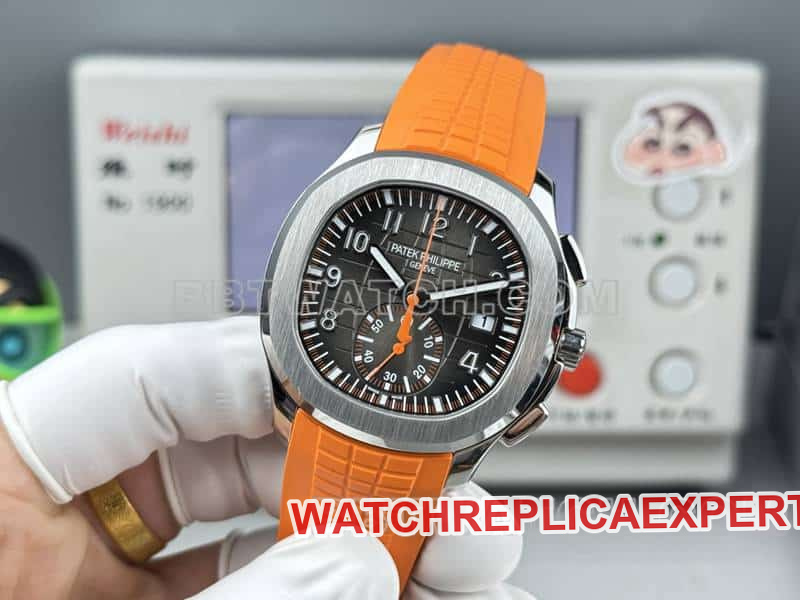 1:1replica watch Patek PhilippeP1 factory grenade black dial mechanical orange rubber model 5968front live photo