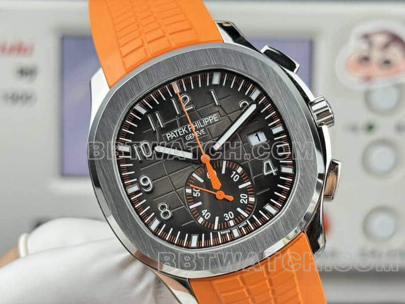 1:1replica watch Patek PhilippeP1 factory grenade black dial mechanical orange rubber model 5968front live photo